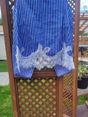 Zara Blue and White Striped Lace-Hem Blouse
